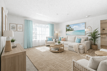 Jacksonville apartment for rent - A living room with a large painting of a beach scene on the wall.