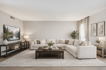 Stone Mountain townhouse for rent - A living room with a white couch, a coffee table, and a painting on the wall.