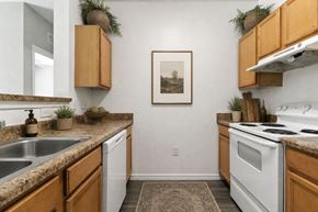 Fort Myers apartment for rent - A kitchen with wooden cabinets and a white oven.