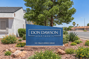 Henderson apartment for rent - A blue sign that says "Don Dawson Apartments" in front of a building.