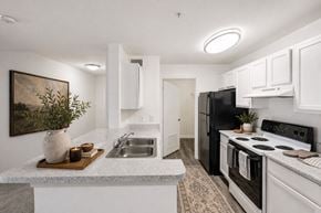 Newnan apartment for rent - A kitchen with black appliances and white cabinets.
