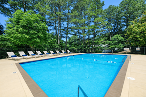 Jonesboro townhouse for rent - A large blue swimming pool surrounded by trees and lounge chairs.