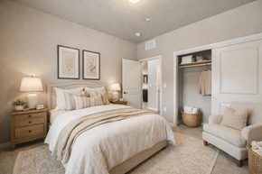 Meridian apartment for rent - Bedroom with neutral tones and open closet at Harper Ridge Apartments, Meridian, 83642
