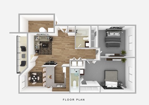 Floor plan for 2 beds, 2 baths, 970 sqft