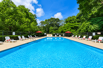 Large swimming pool with surrounding deck and seating