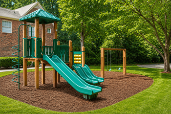 Childrens playground with double slides and climbing features