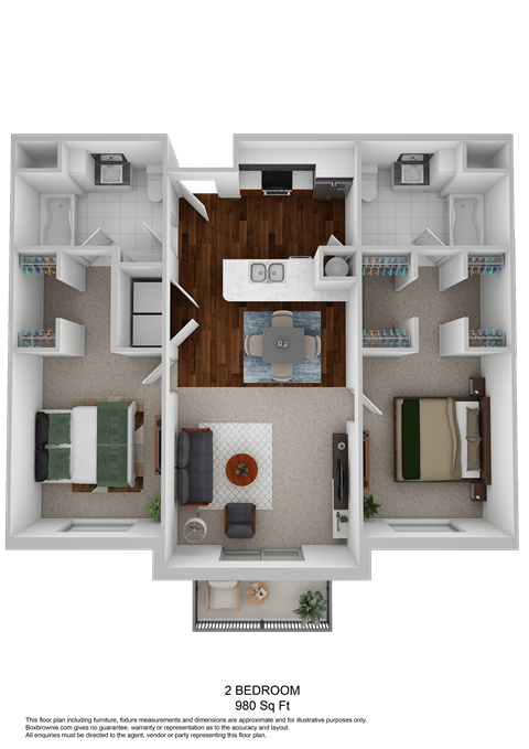 Floor plan for 2 beds, 2 baths, 980 sqft