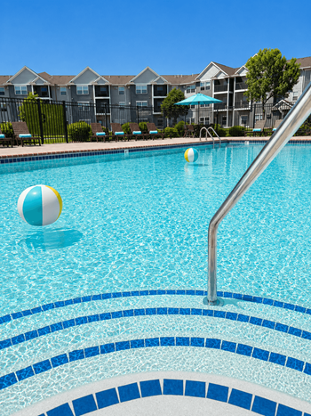 Outdoor pool with beach balls and lounge chairs