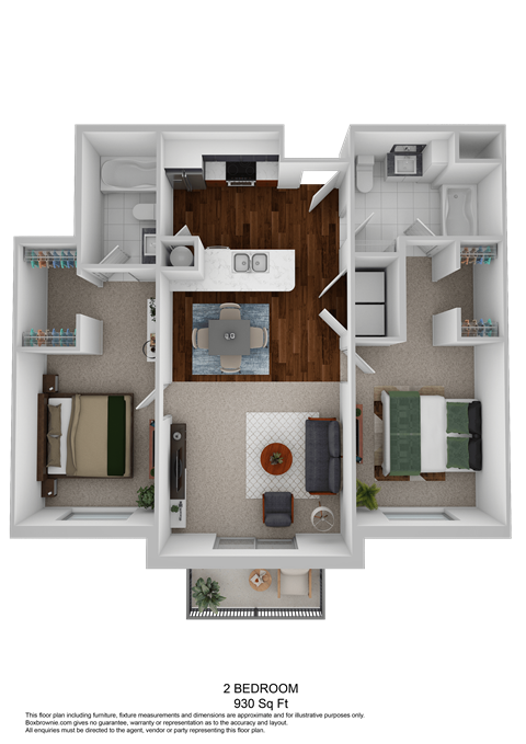 Floor plan for 2 beds, 2 baths, 930 sqft