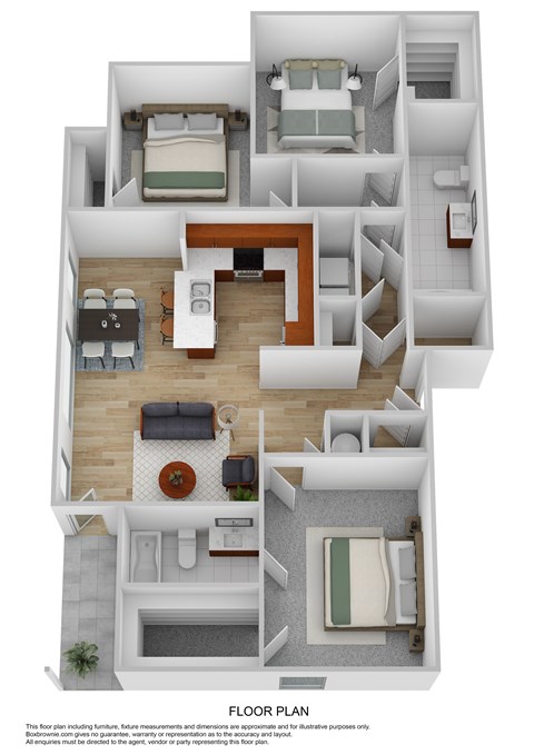 Floor plan for 3 beds, 2 baths, 1257 sqft