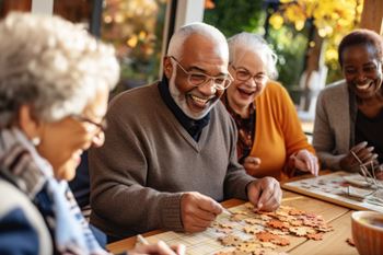 A group of elderly people are playing a game with puzzle pieces.