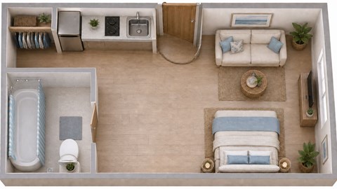 Floor plan for studio, 1 bath, 338 sqft