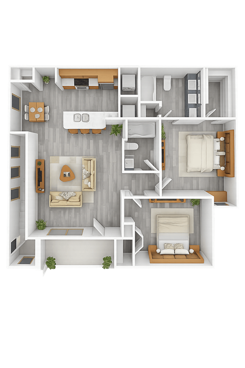 Floor plan for 2 beds, 2 baths, 1005 sqft