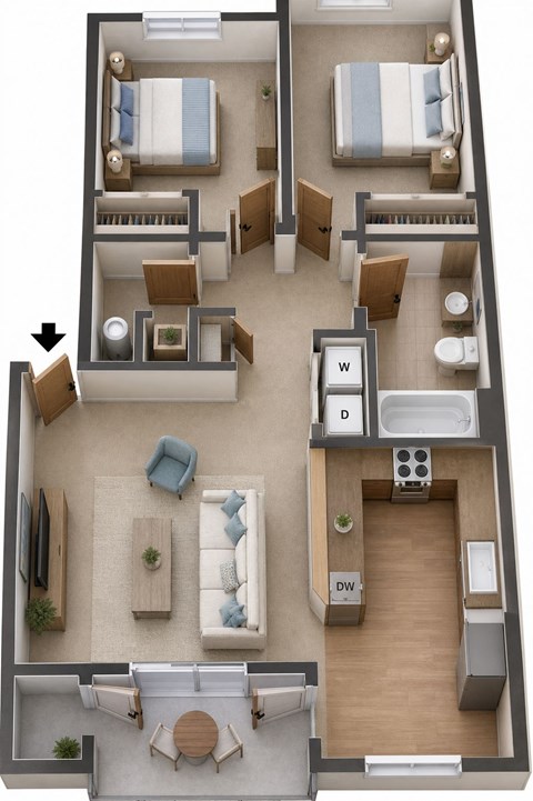 Floor plan for 2 beds, 2 baths, 904 sqft