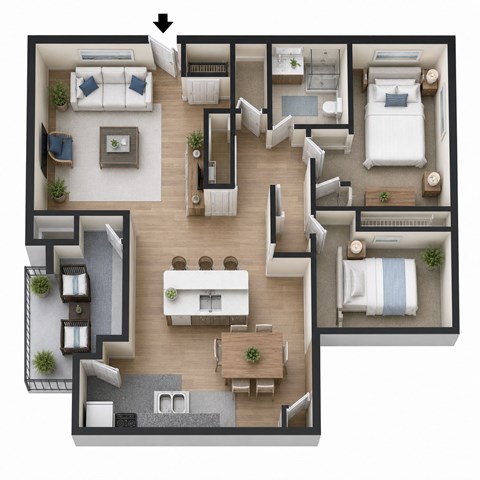 Floor plan for 2 beds, 1 bath, 839 sqft