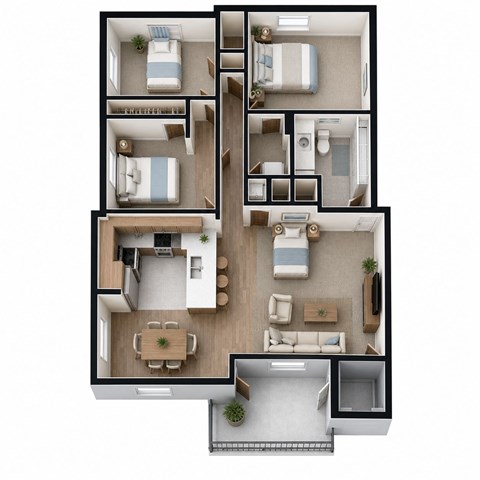 Floor plan for 3 beds, 2 baths, 1105 sqft