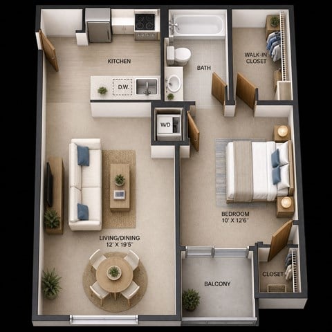 Floor plan for 1 bed, 1 bath, 600 sqft