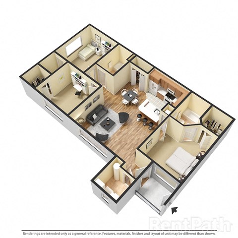 Floor plan for 3 beds, 2 baths, 1114 sqft