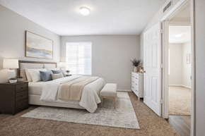 West Haven apartment for rent - A bedroom with a bed, nightstand, and a painting on the wall at Haven Pointe Apartments, West Haven, Utah