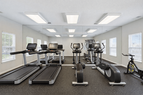 Roswell apartment for rent - A spacious gym with treadmills, exercise bikes, and other equipment.