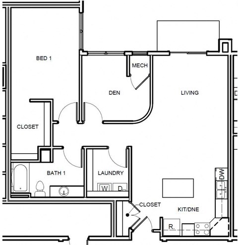 Floor plan for 1 bed, 1 bath, 1058 sqft