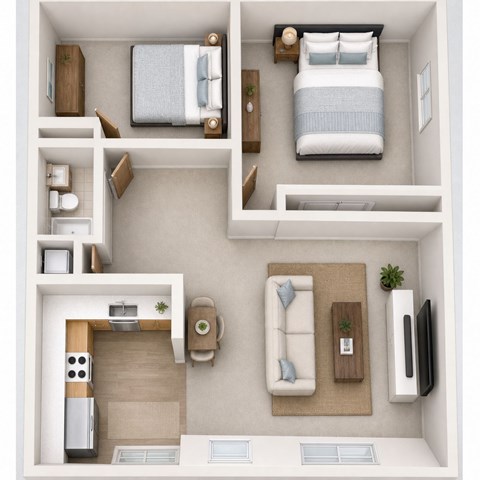 Floor plan for 2 beds, 1 bath, 890 sqft