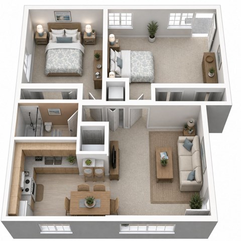 Floor plan for 2 beds, 1 bath, 980 sqft