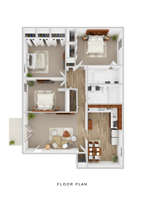 Floor plan for 3 beds, 2 baths, 1235 sqft