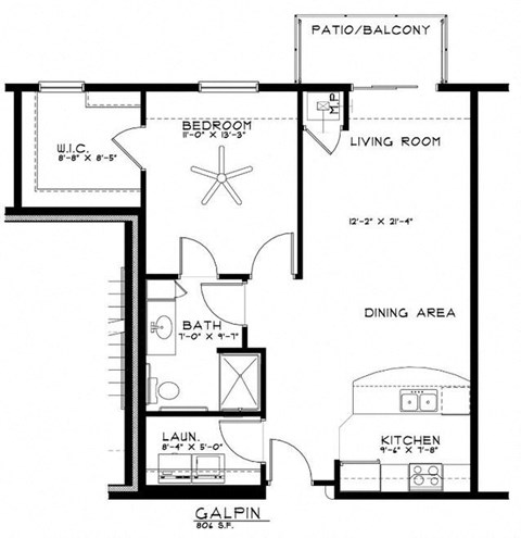 Floor plan for 1 bed, 1 bath, 806 sqft