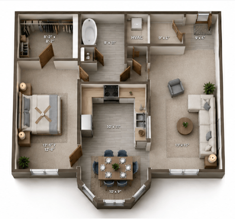Floor plan for 1 bed, 1 bath, 1017 sqft