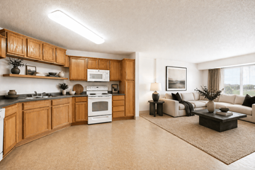 Lino Lakes apartment for rent - A modern kitchen with wooden cabinets and a white oven.
