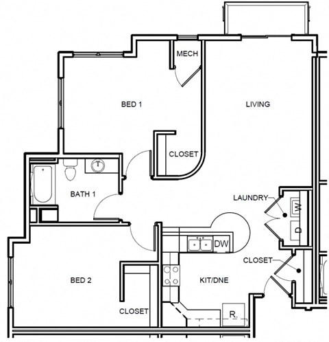 Floor plan for 2 beds, 1 bath, 1135 sqft