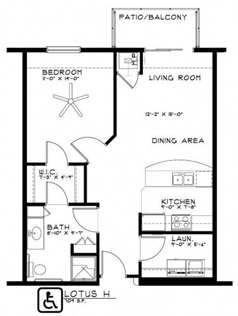 Floor plan for 1 bed, 1 bath, 709 sqft