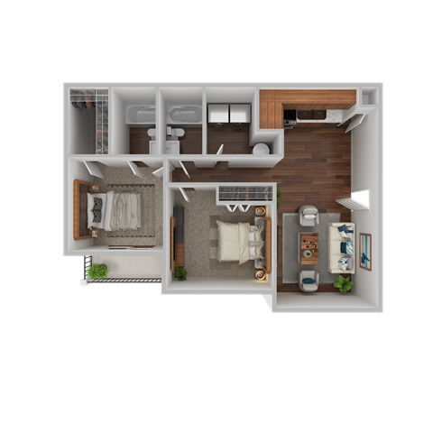 Floor plan for 2 beds, 2 baths, 883 sqft