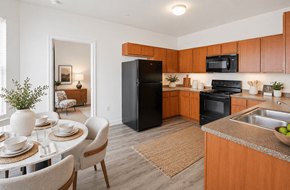Houston apartment for rent - A kitchen with a black refrigerator and wooden cabinets.