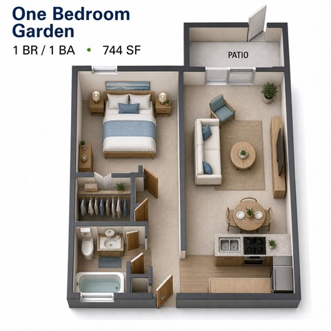 Floor plan for 1 bed, 1 bath, 750 sqft