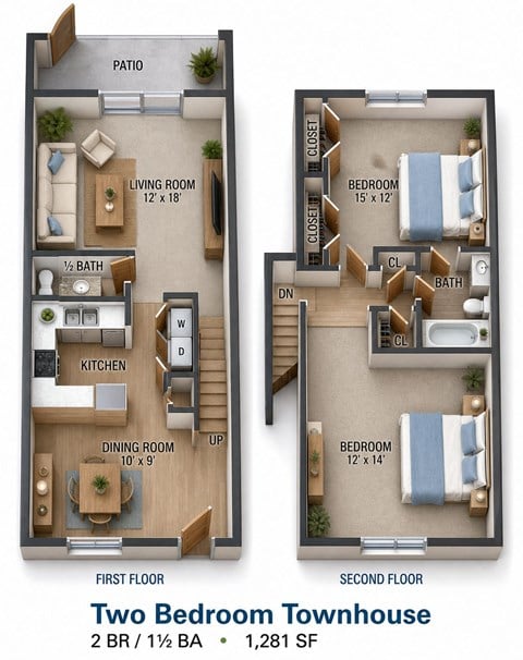 Floor plan for 2 beds, 1.5 baths, 1281 sqft