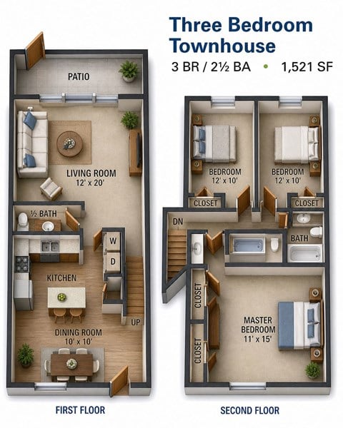 Floor plan for 3 beds, 2.5 baths, 1521 sqft