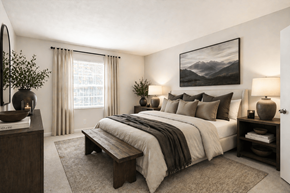 Jonesboro apartment for rent - A bedroom with a large bed, a bench, and a painting on the wall.