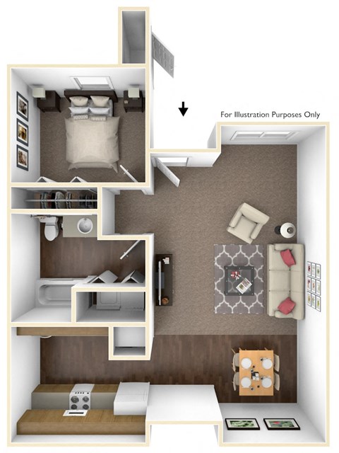 Floor plan for 1 bed, 1 bath, 881 sqft