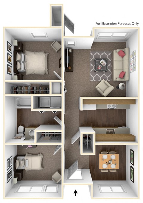 Floor plan for 2 beds, 1 bath, 886 sqft