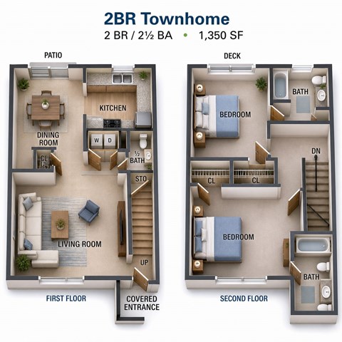 Floor plan for 2 beds, 2.5 baths, 1350 sqft