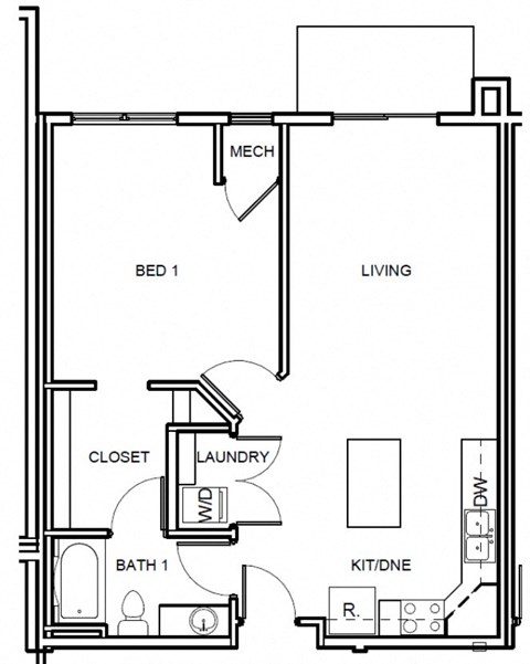 Floor plan for 1 bed, 1 bath, 835 sqft