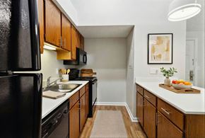 Kansas City apartment for rent - A kitchen with a black fridge and wooden cabinets.