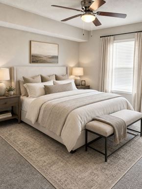 Louisville apartment for rent - Neutral bedroom with upholstered bed and ceiling fan at Tanyard Park Apartments, Louisville, 40229