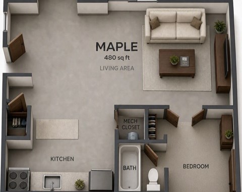 Floor plan for studio, 1 bath, 480 sqft