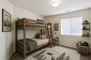 Provo apartment for rent - A cozy bedroom with a bunk bed and a rug with a deer design at Slate Canyon Apartments, Provo