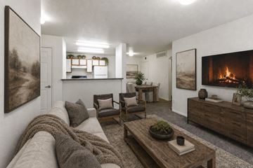 Provo apartment for rent - A living room with a grey couch and a fireplace.