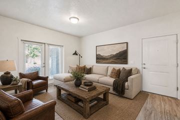 Meridian apartment for rent - A living room with a brown leather couch, a wooden coffee table, and a painting on the wall.