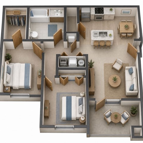 Floor plan for 2 beds, 1 bath, 967 sqft